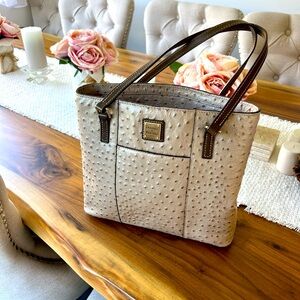 Dooney and Bourke ostrich skin, silver, and taupe handbag.